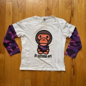 A Bathing Ape Bape Kids Shirt 10-11 White Baby Milo Camo Long Sleeve Graphic Tee